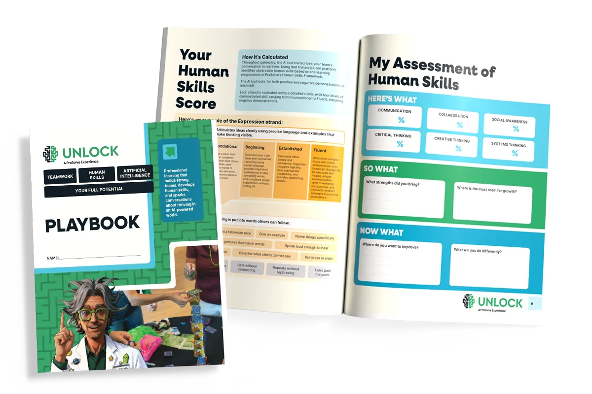 The UNLOCK Playbook cover beside an open spread showing a Human Skills Score page and a self-assessment